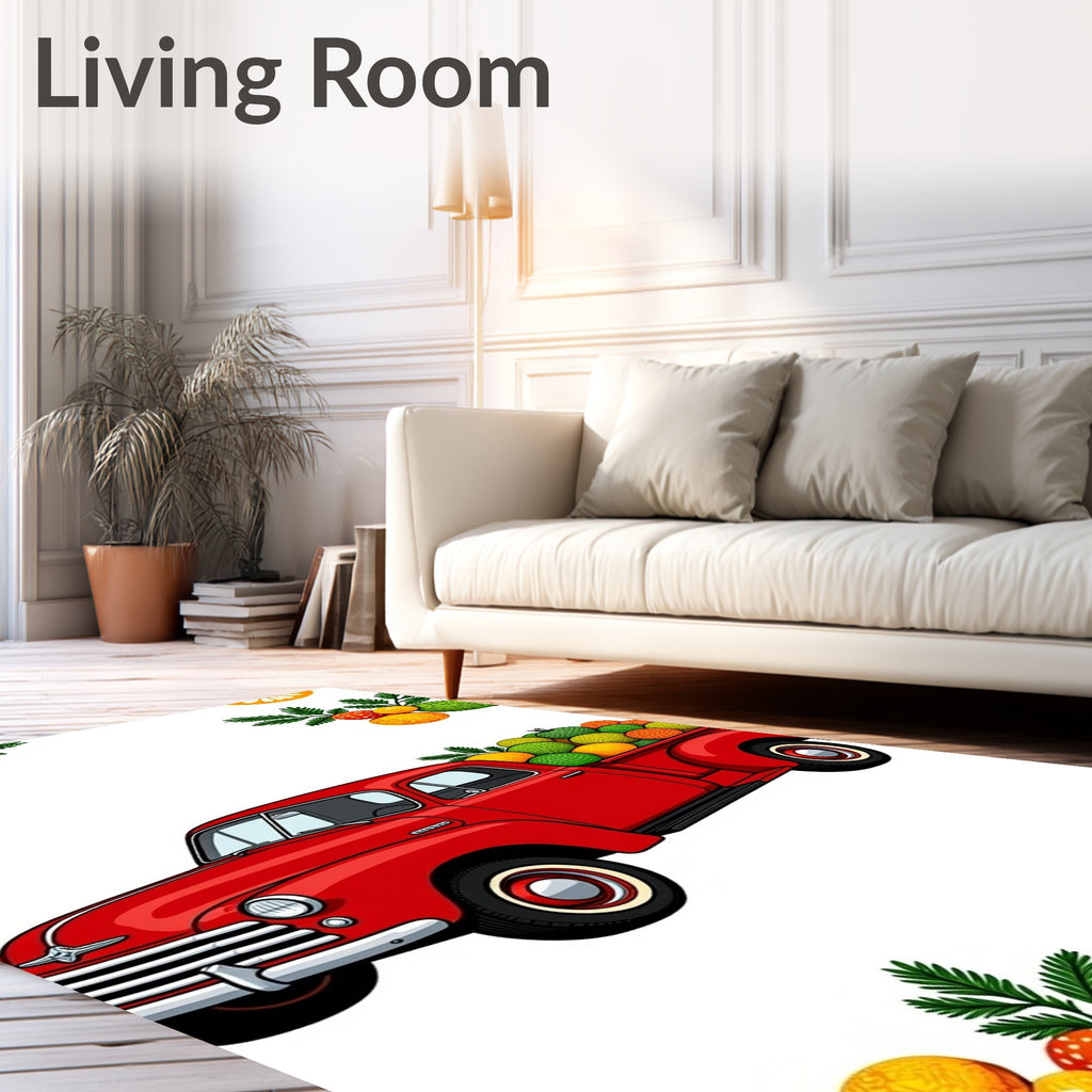 Vibrant Red Truck Citrus Harvest Rug