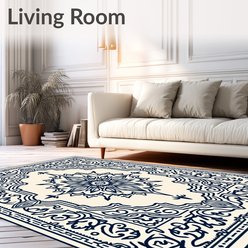 Navy Floral Medallion Border Rug