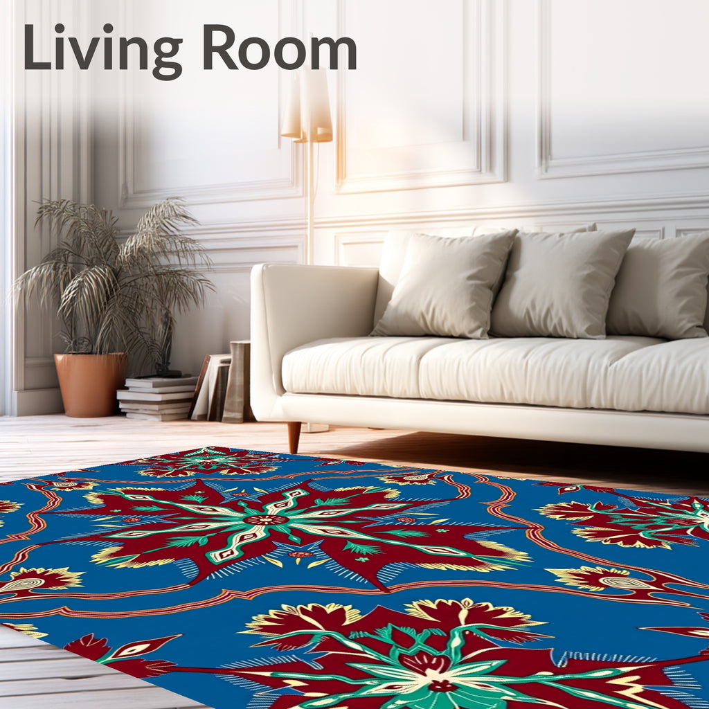 Lush Crimson Blue Floral Medallion Rug