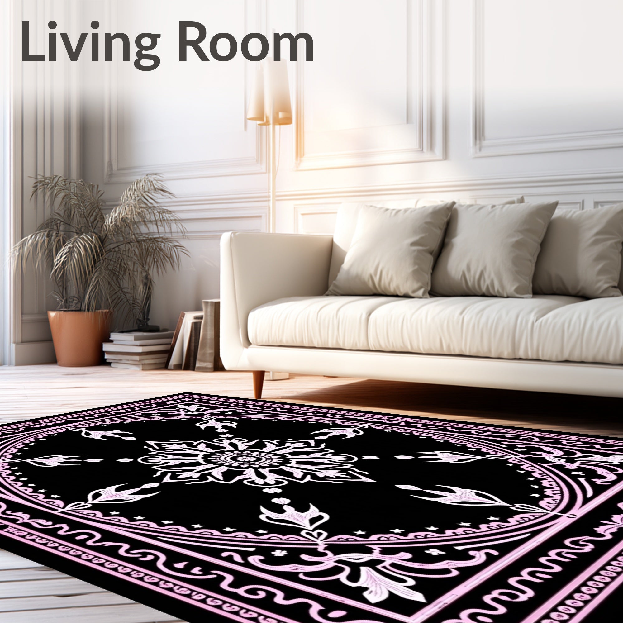Pink Ornate Floral Mandala Black Rug