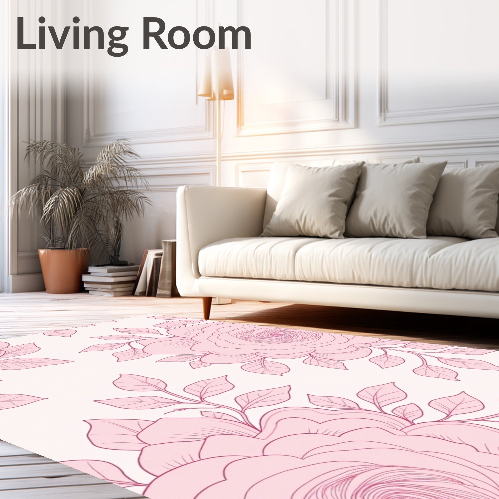 Pink Floral Line Art Branches Rug