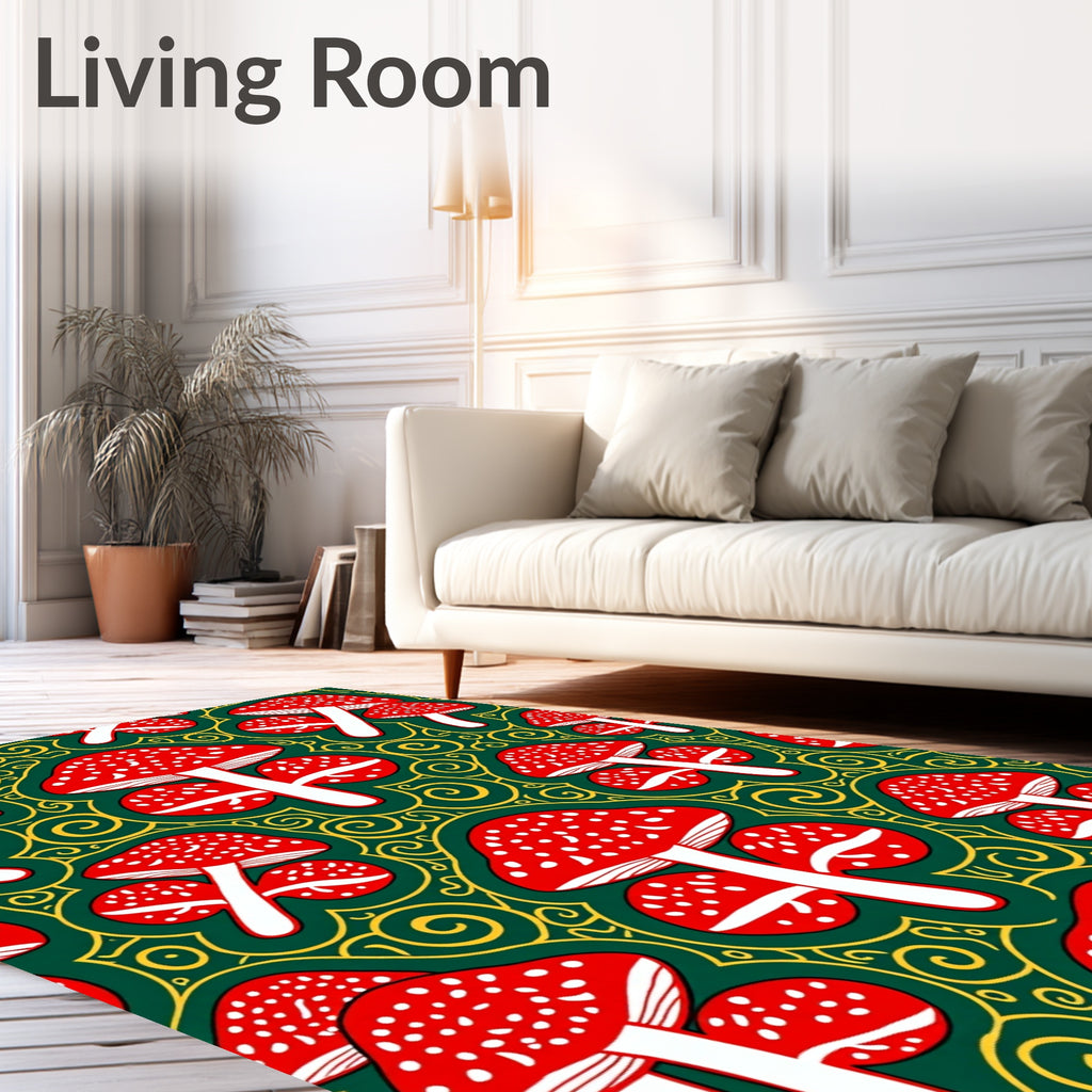 Red Mushroom Swirls Emerald Green Rug
