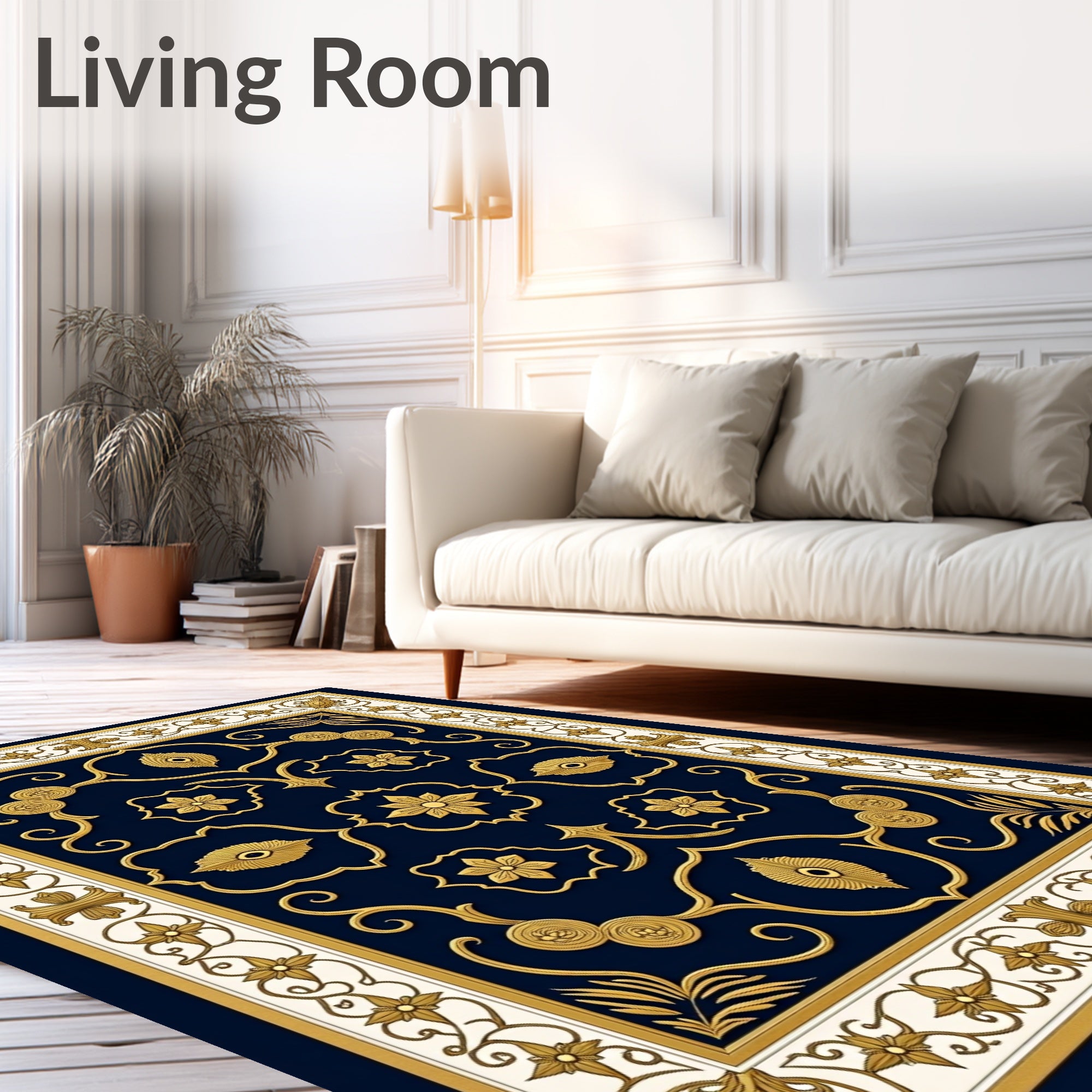 Ornate Navy Gold Floral Scroll Rug