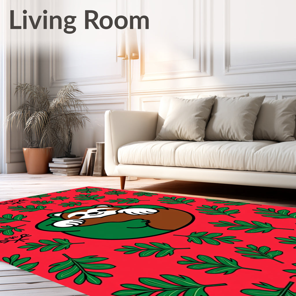 Whimsical Sloth Green Leaf Red Rug