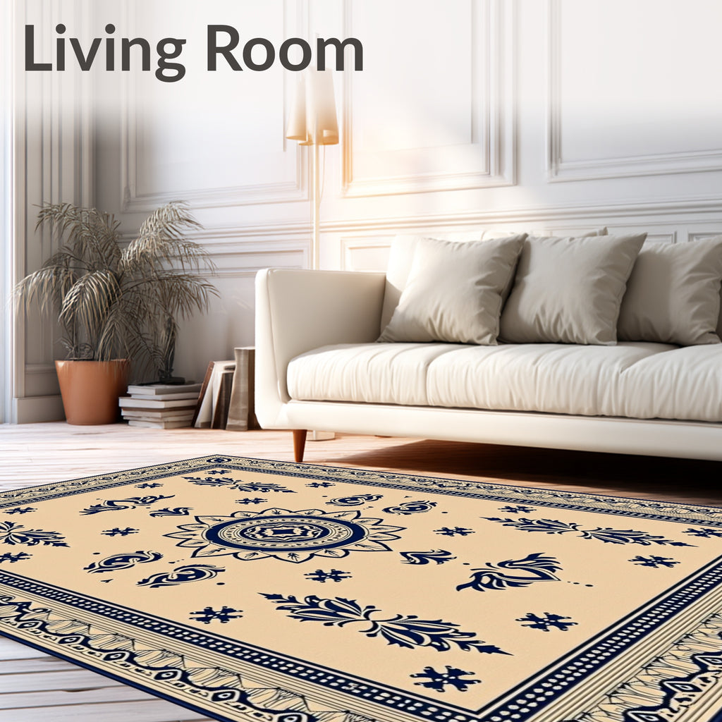Navy Blue Floral Medallion Tan Rug