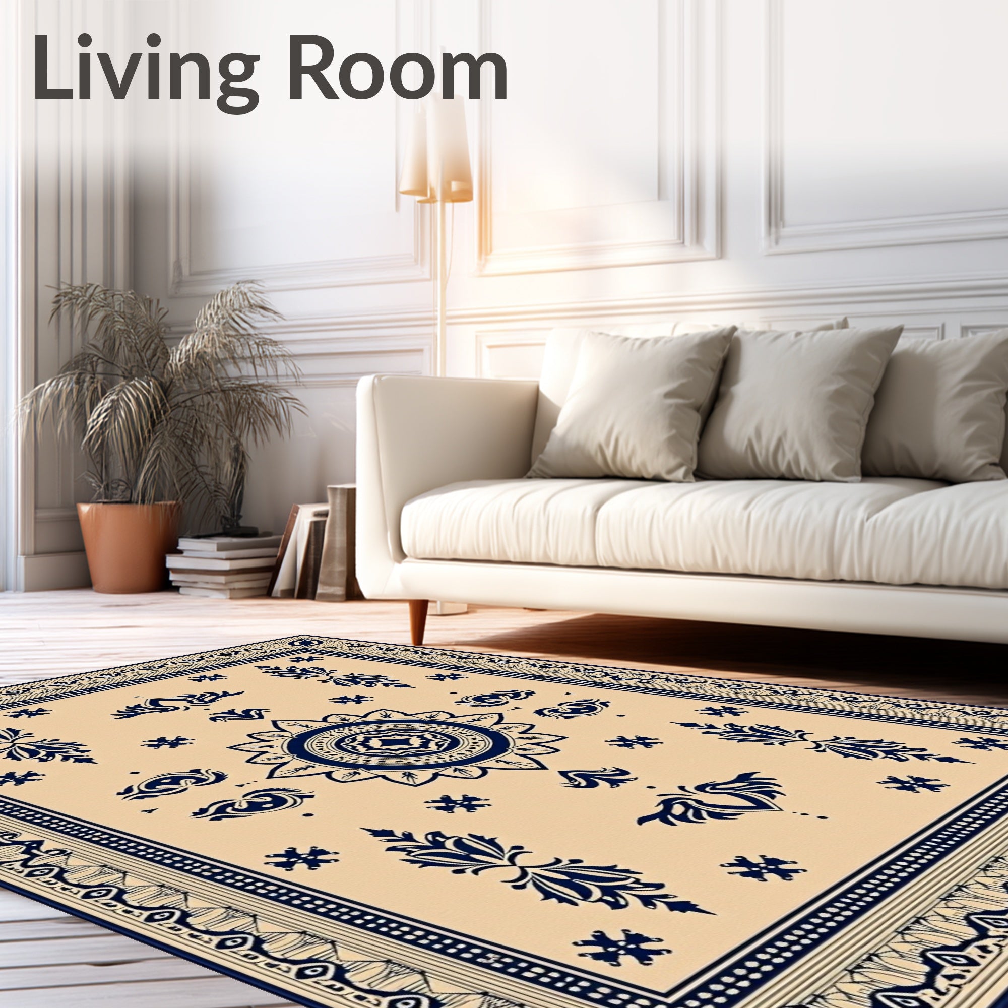 Navy Blue Floral Medallion Tan Rug
