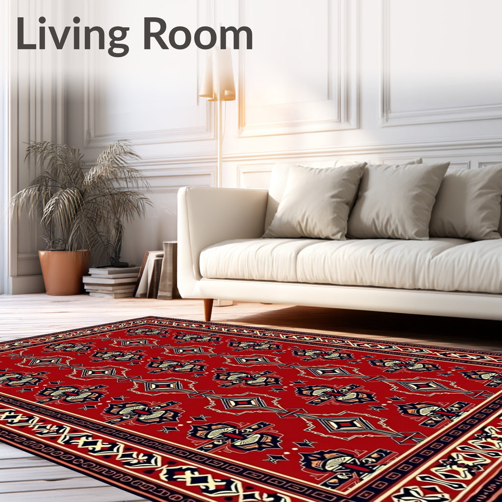 Crimson Red Geometric Medallion Border Rug