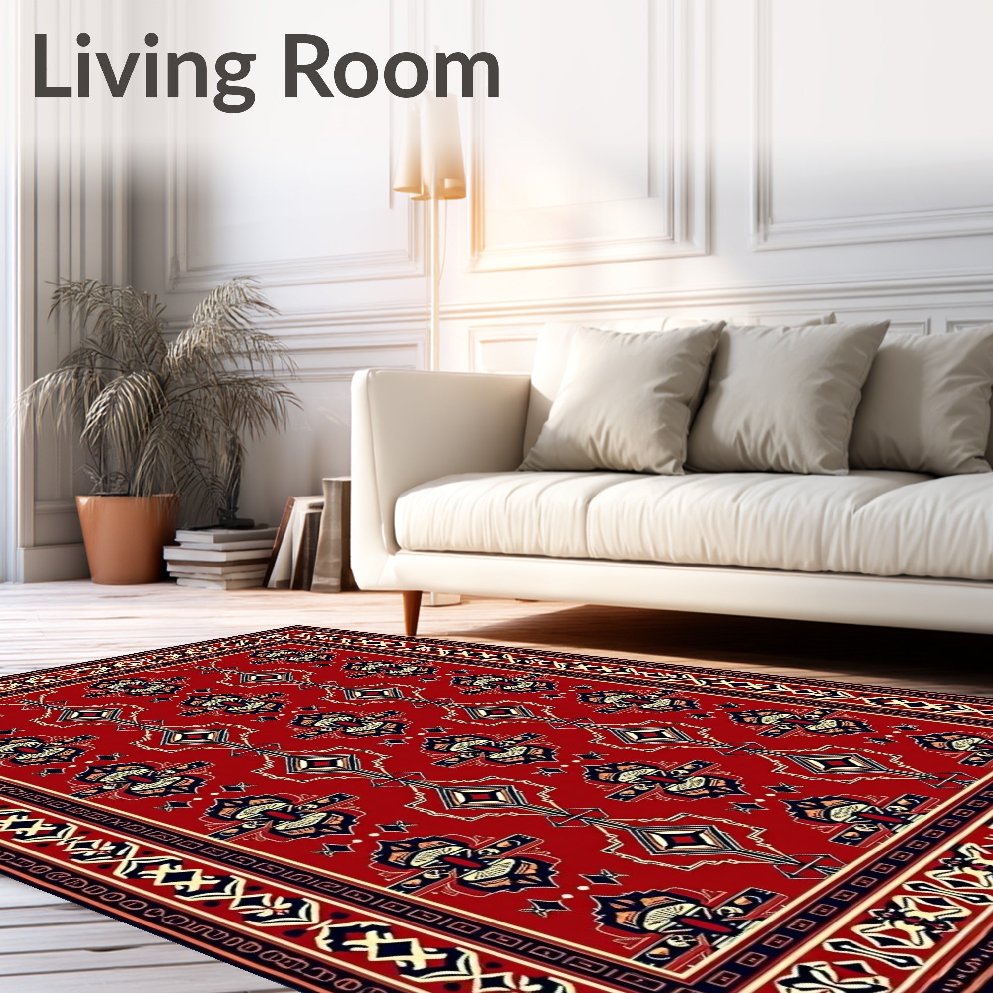 Crimson Red Geometric Medallion Border Rug