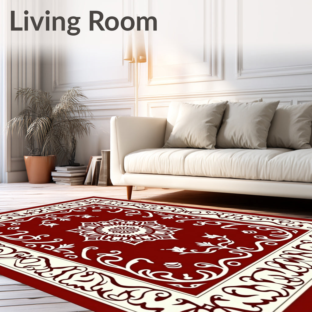 Crimson Cream Ornate Scrollwork Medallion Rug