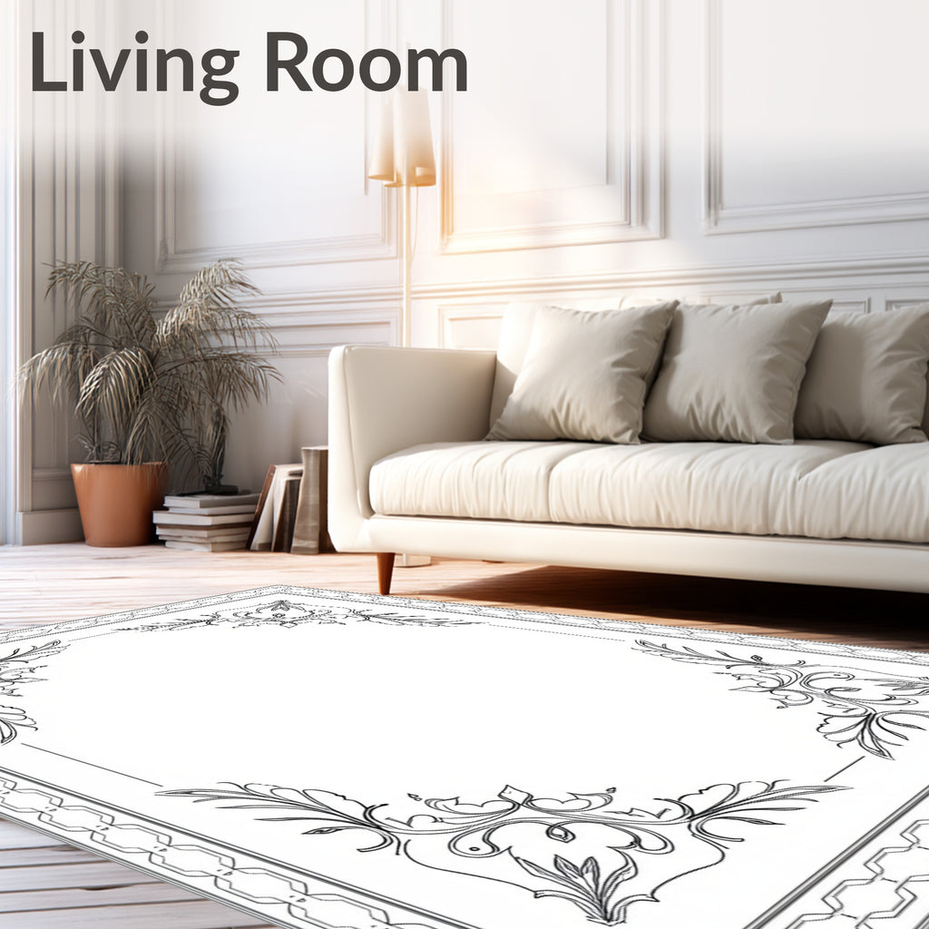 Ornate Scrollwork Bordered Illustration Black White Rug