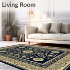 Navy Gold Floral Medallion Border Rug