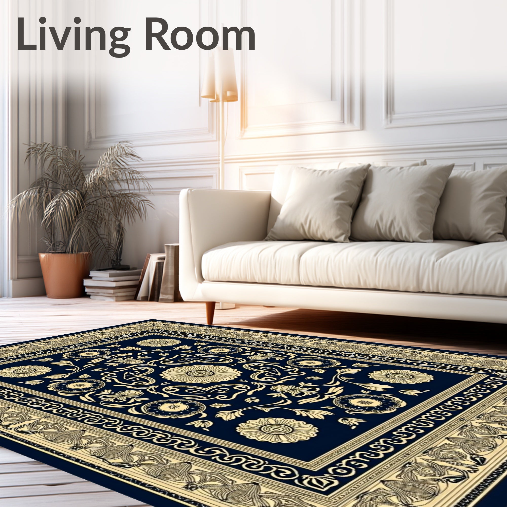 Navy Gold Floral Medallion Border Rug