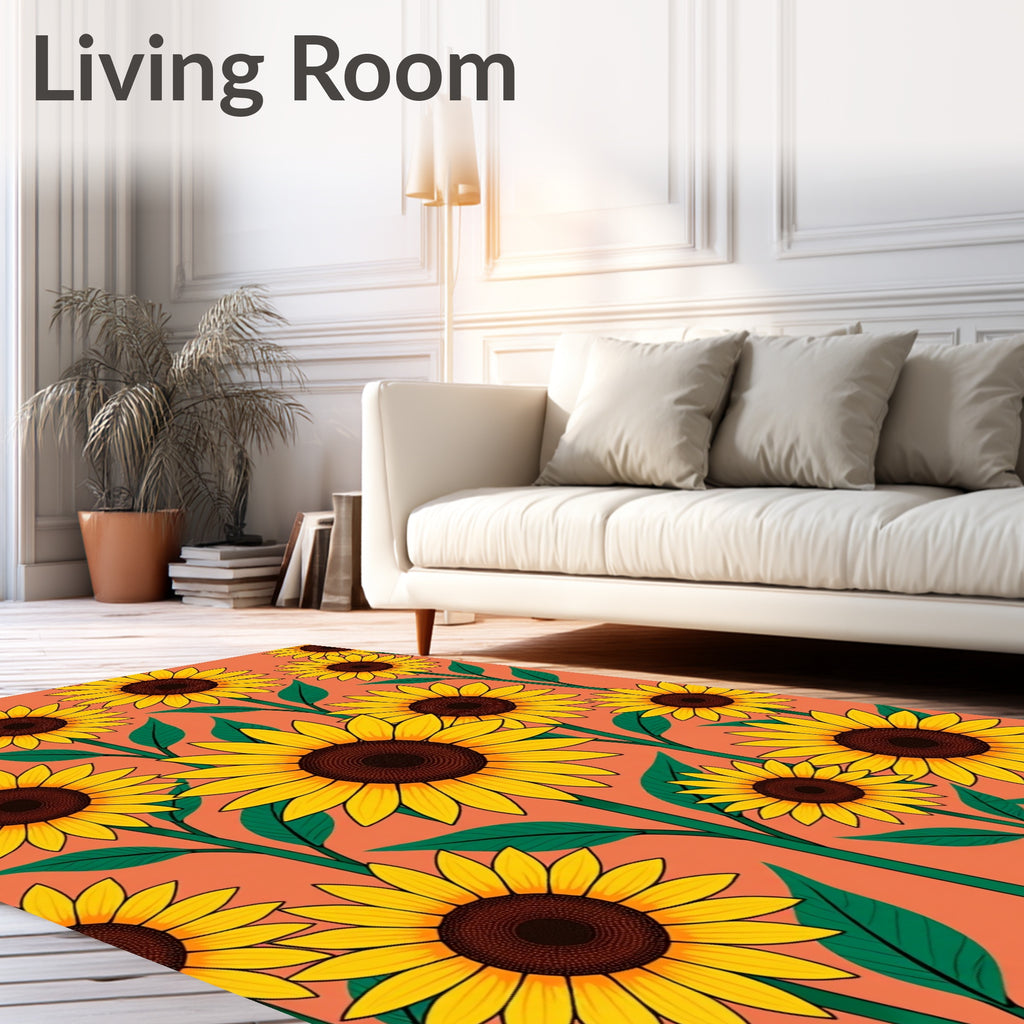 Golden Sunflowers Field On Coral Background Rug