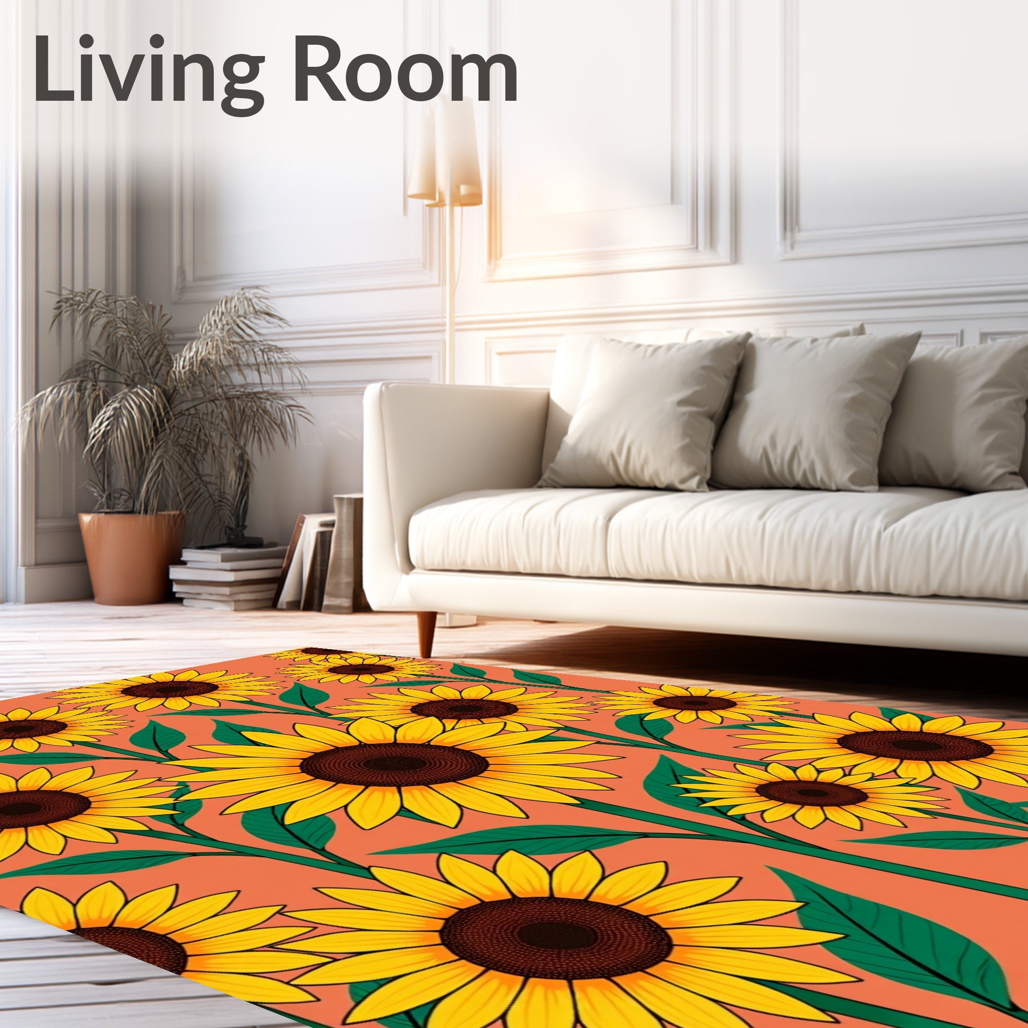 Golden Sunflowers Field On Coral Background Rug