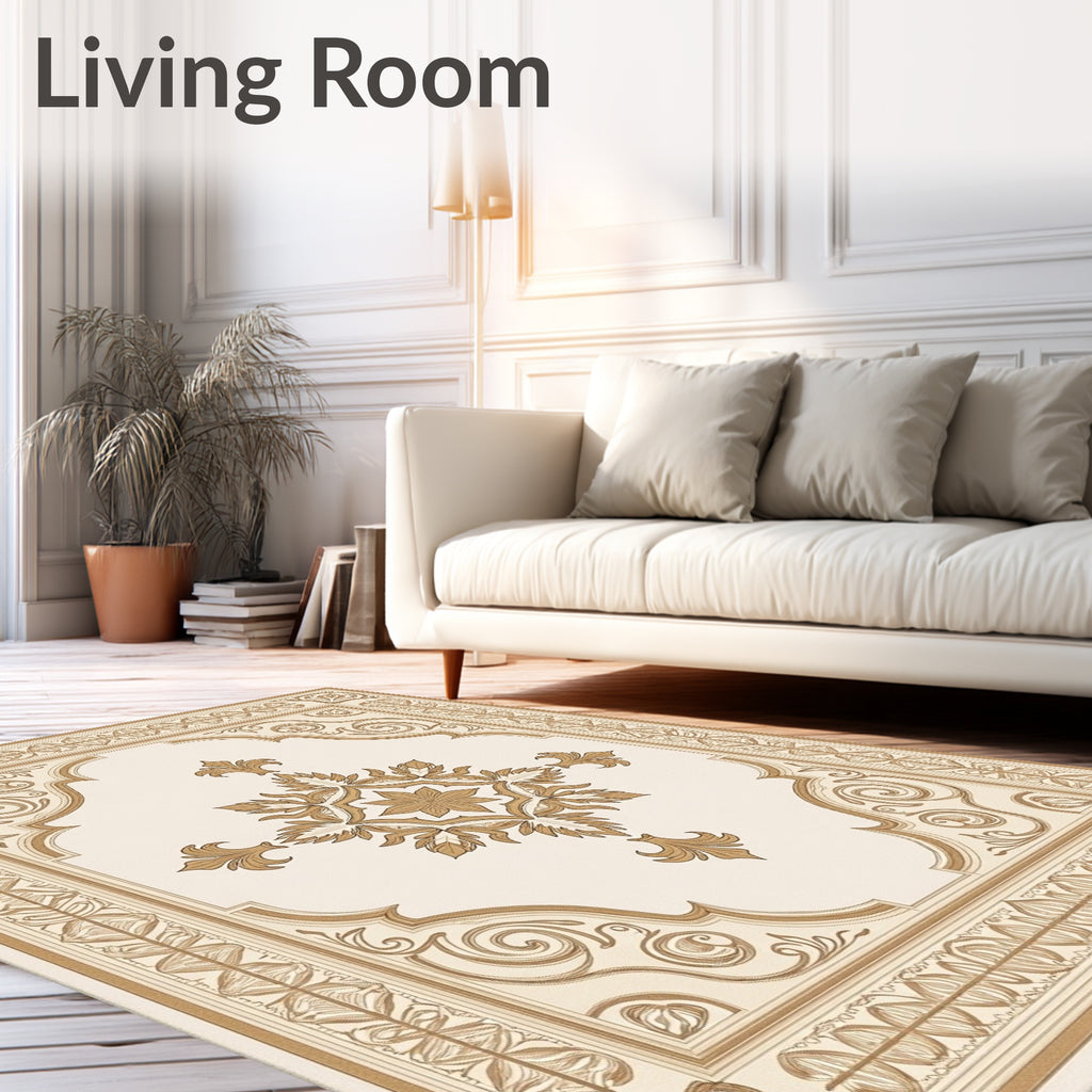Ornate Golden Scrolling Floral Medallion Rug