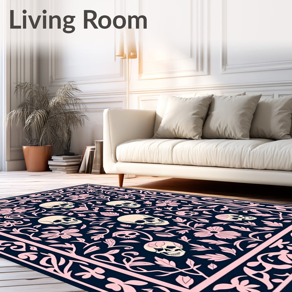 Dark Blue Pink Skull Floral Frame Rug