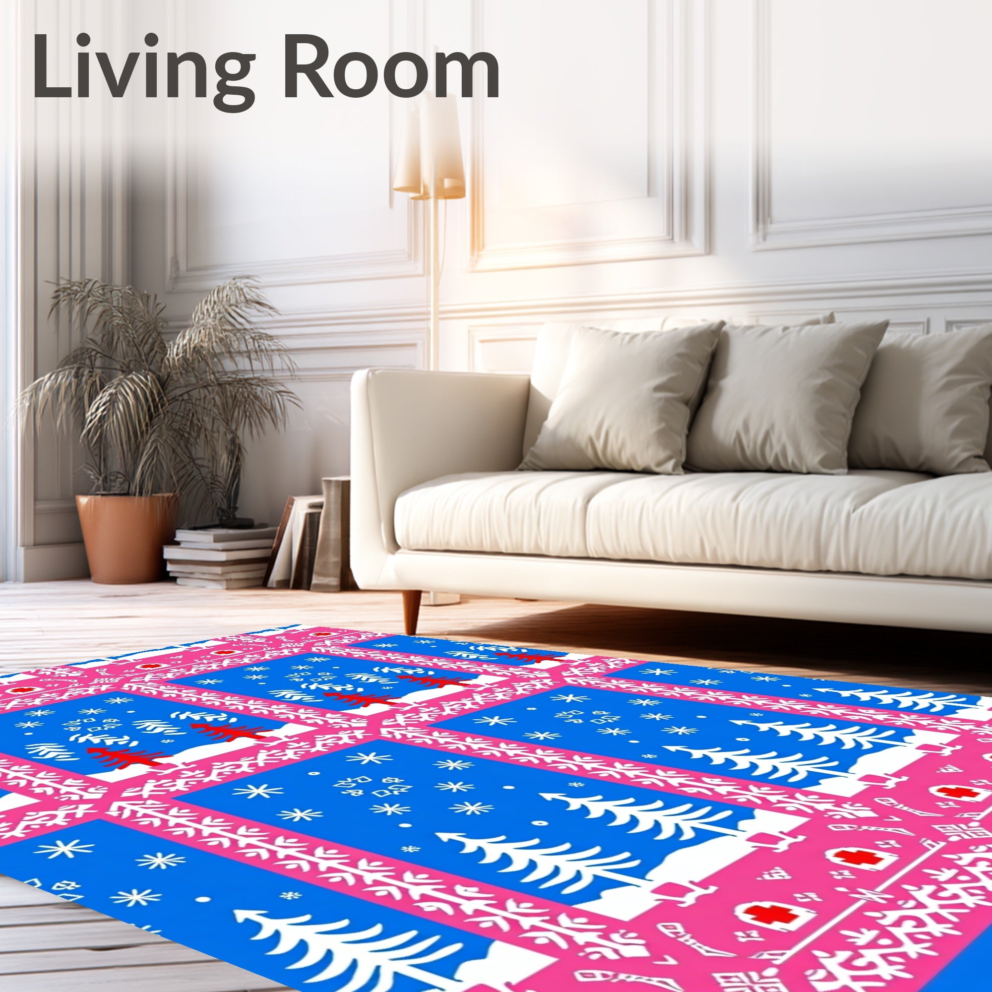 Bold Pink White Christmas Tree Snowflakes Rug