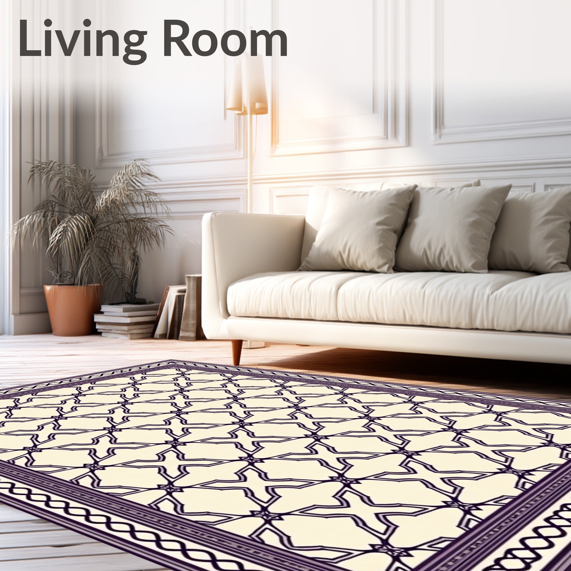 Cream Purple Geometric Lattice Border Rug