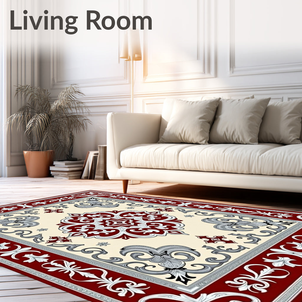 Crimson Ivory Floral Medallion Border Rug