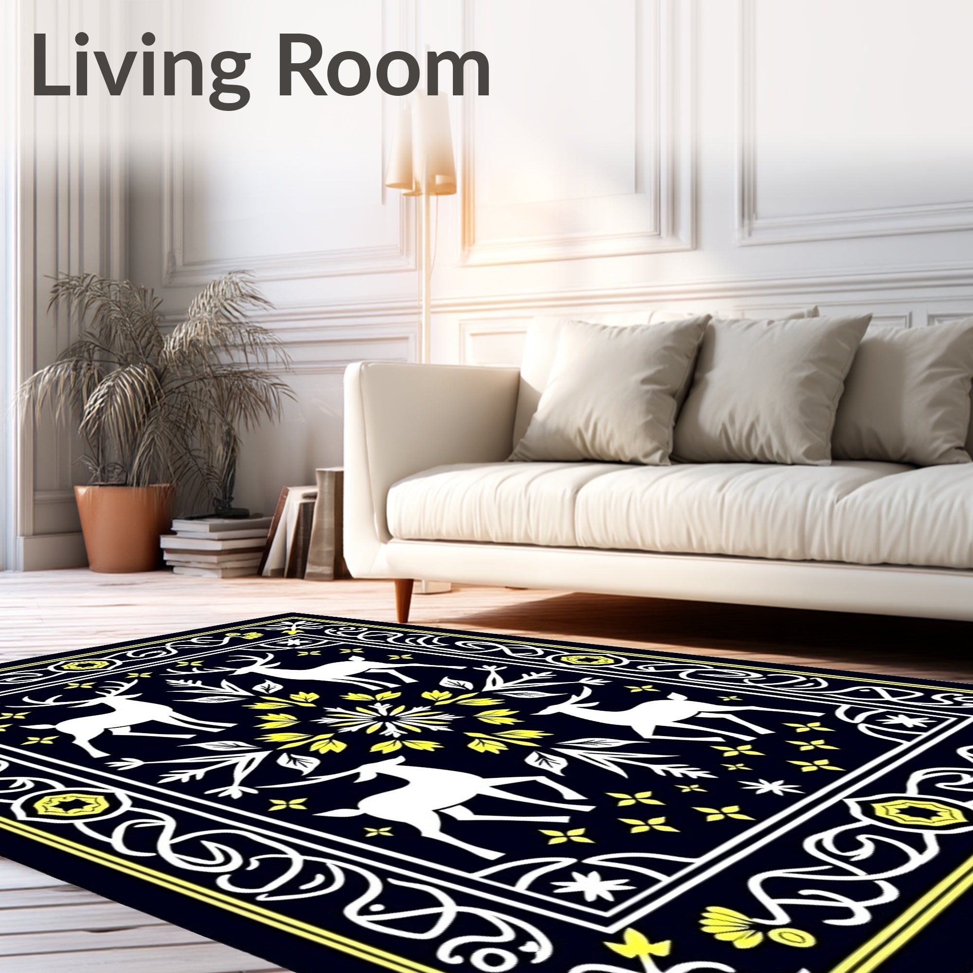 White Deer Yellow Floral Border Rug