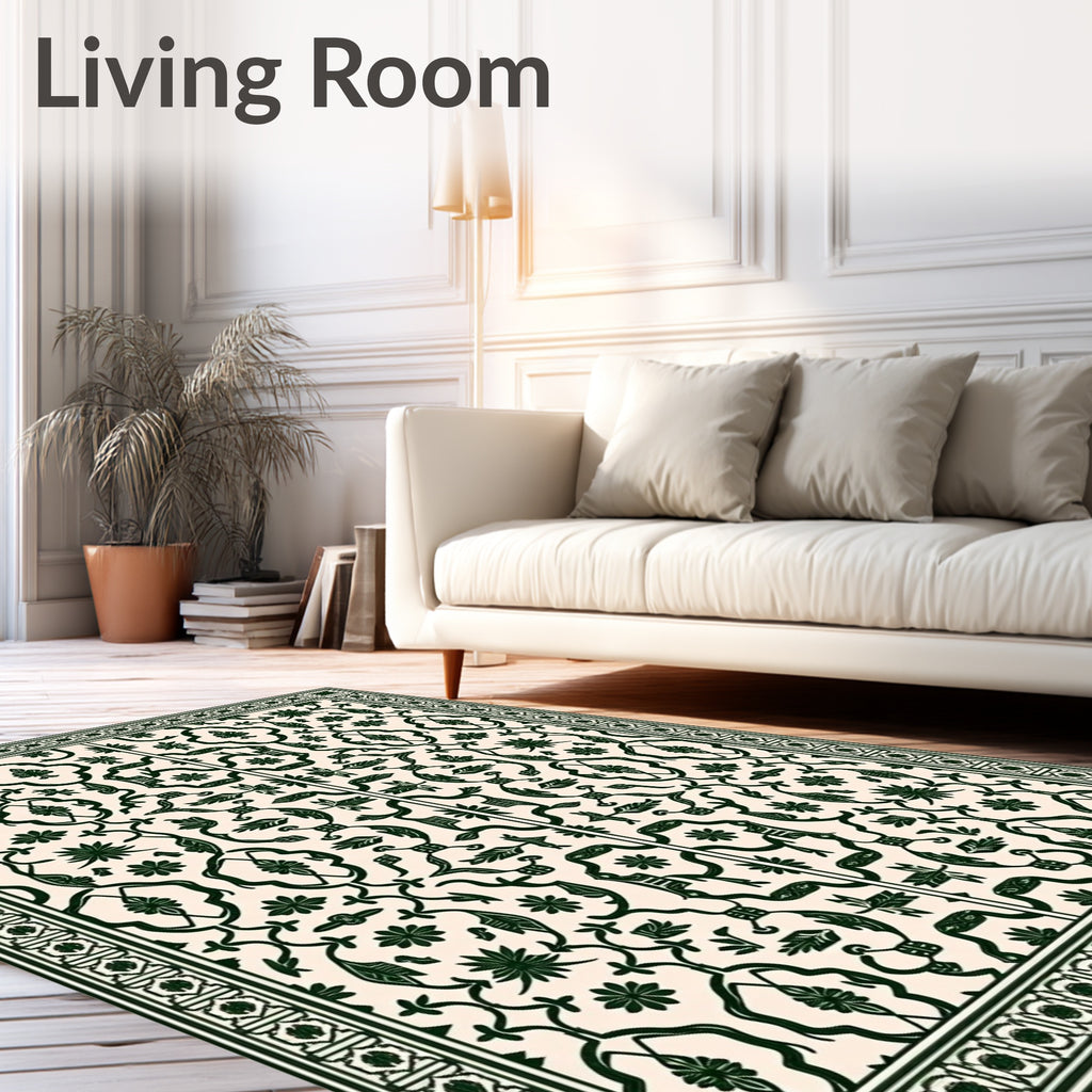 Classic Emerald Floral Scrolling Vine Rug