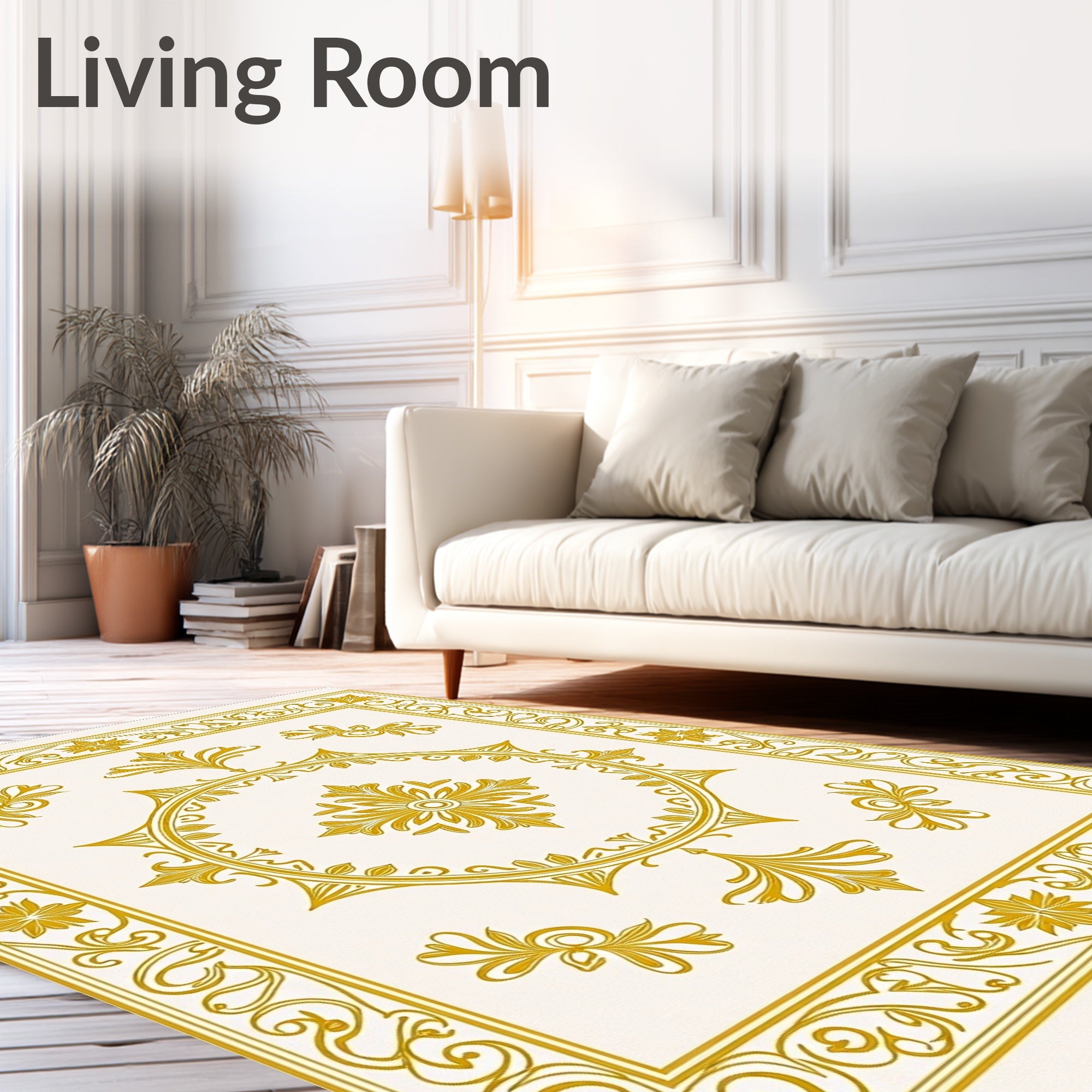 Golden Ivory Ornate Medallion Border Rug