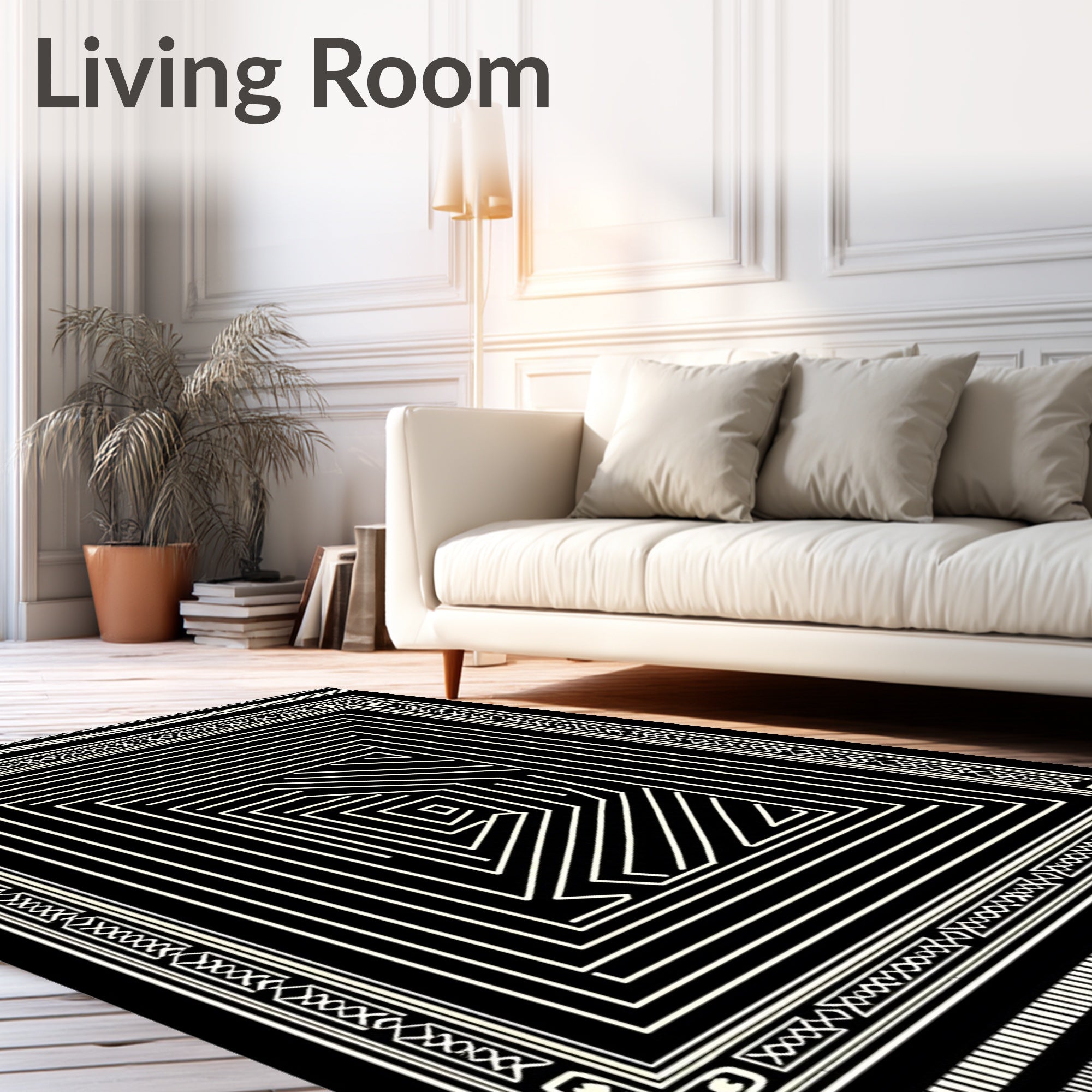 Striped Black Ivory Outline Maze Rug