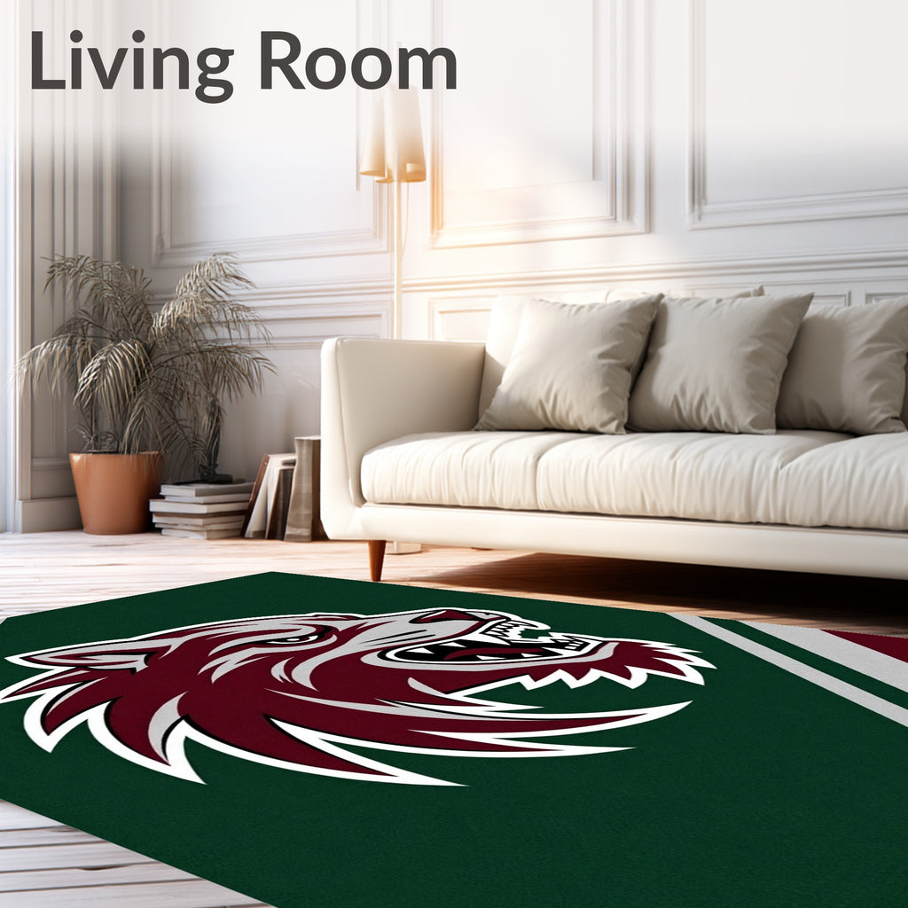 Maroon Wolf Head Dark Green Stripes Rug