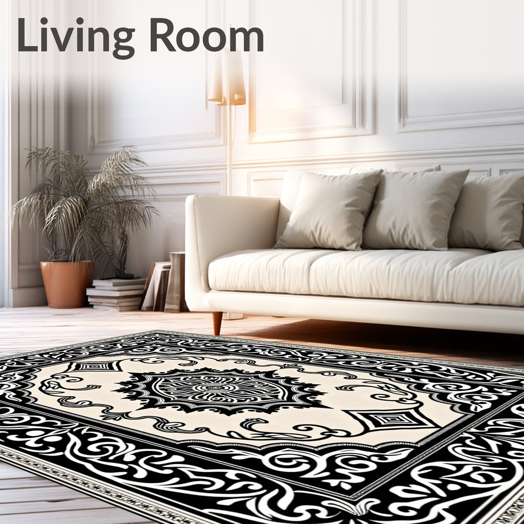 Elaborate Black White Scrollwork Rug