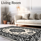 Elaborate Black White Scrollwork Rug