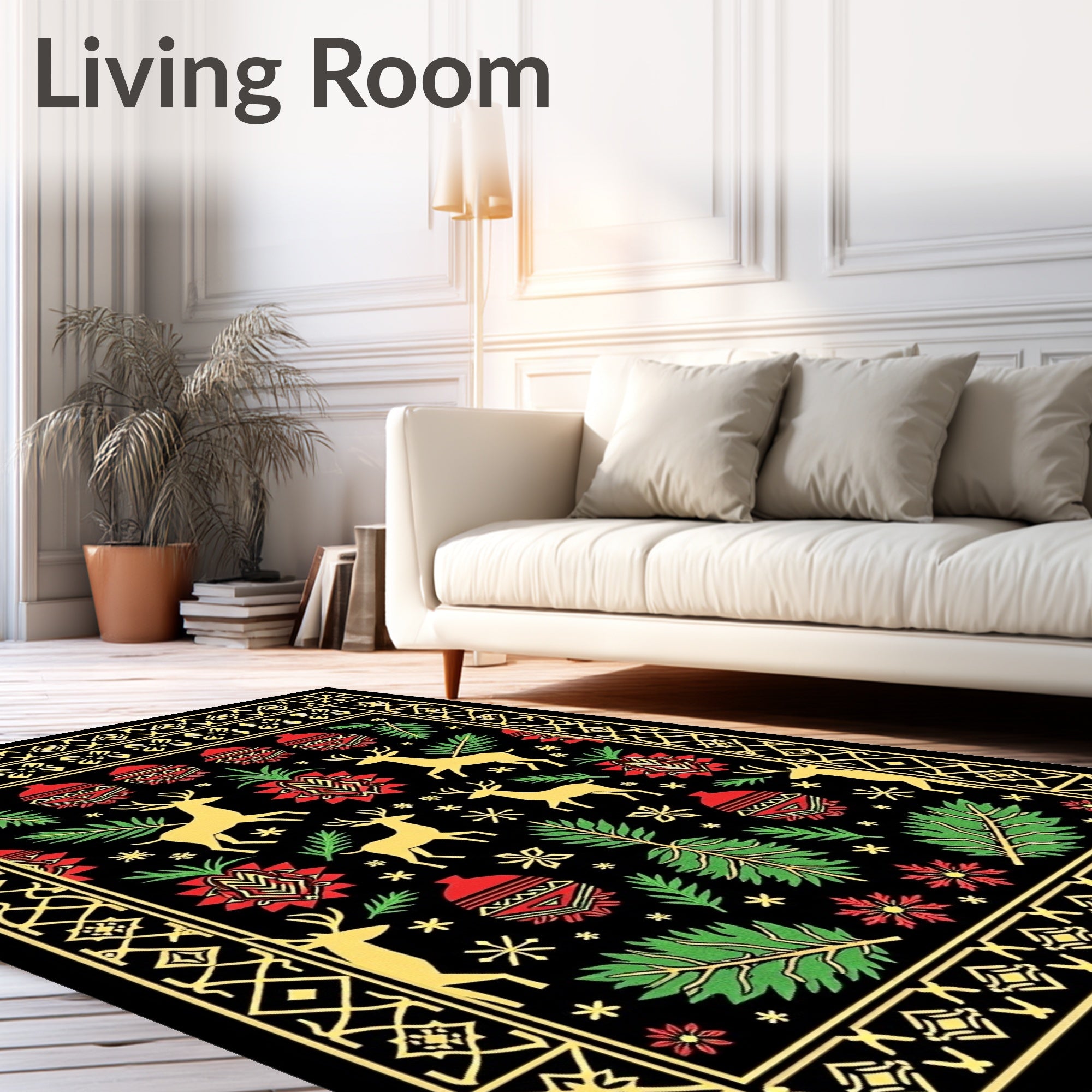Golden Reindeer Red Green Festive Christmas Rug