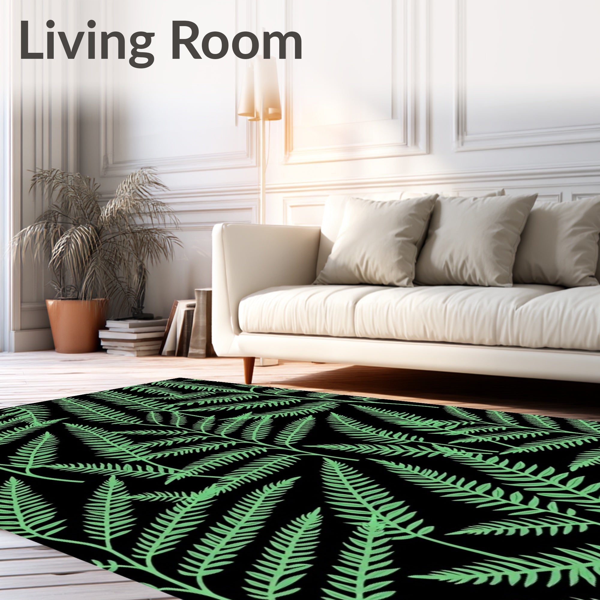 Light Green Fern Forest Black Rug