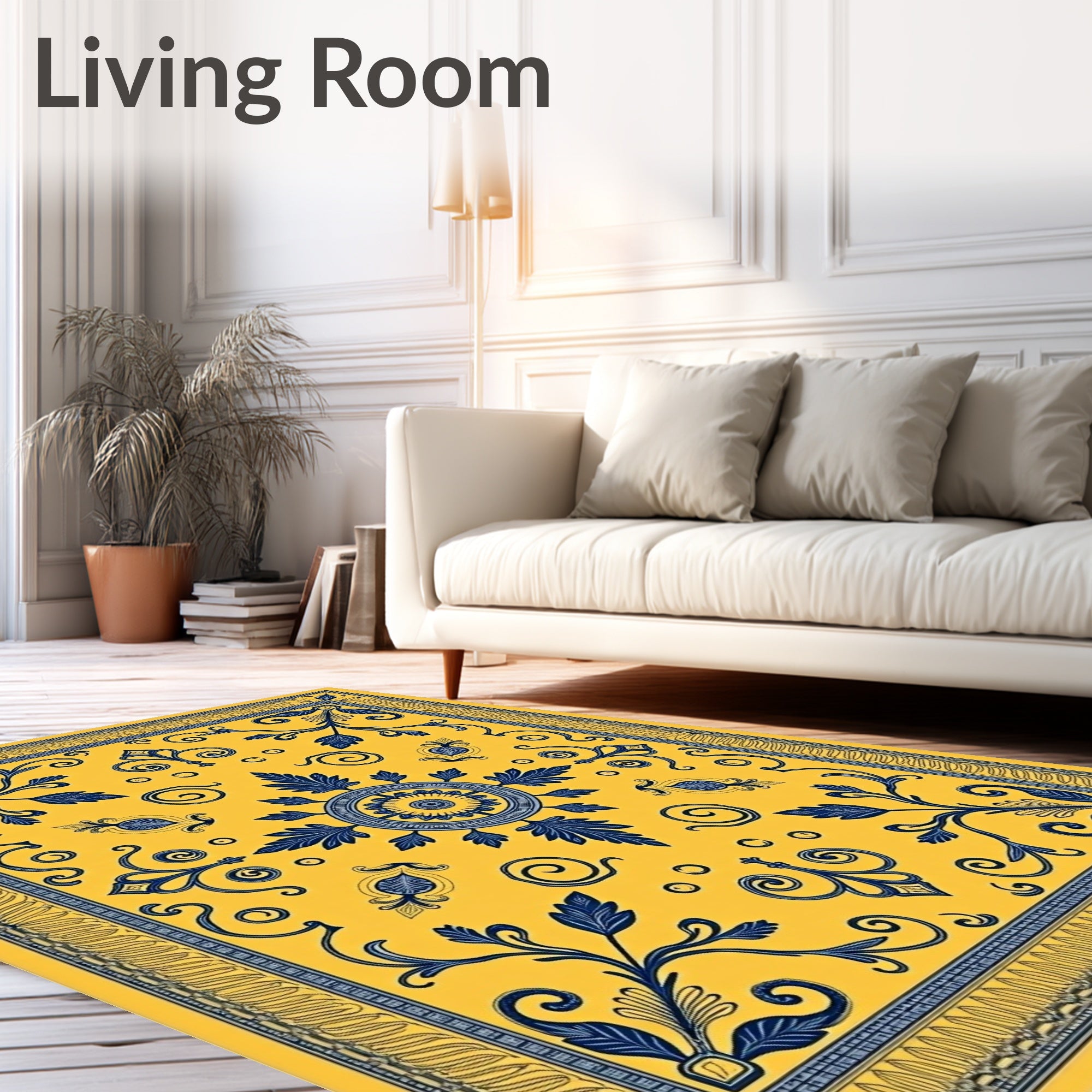 Golden Yellow Blue Floral Medallion Rug