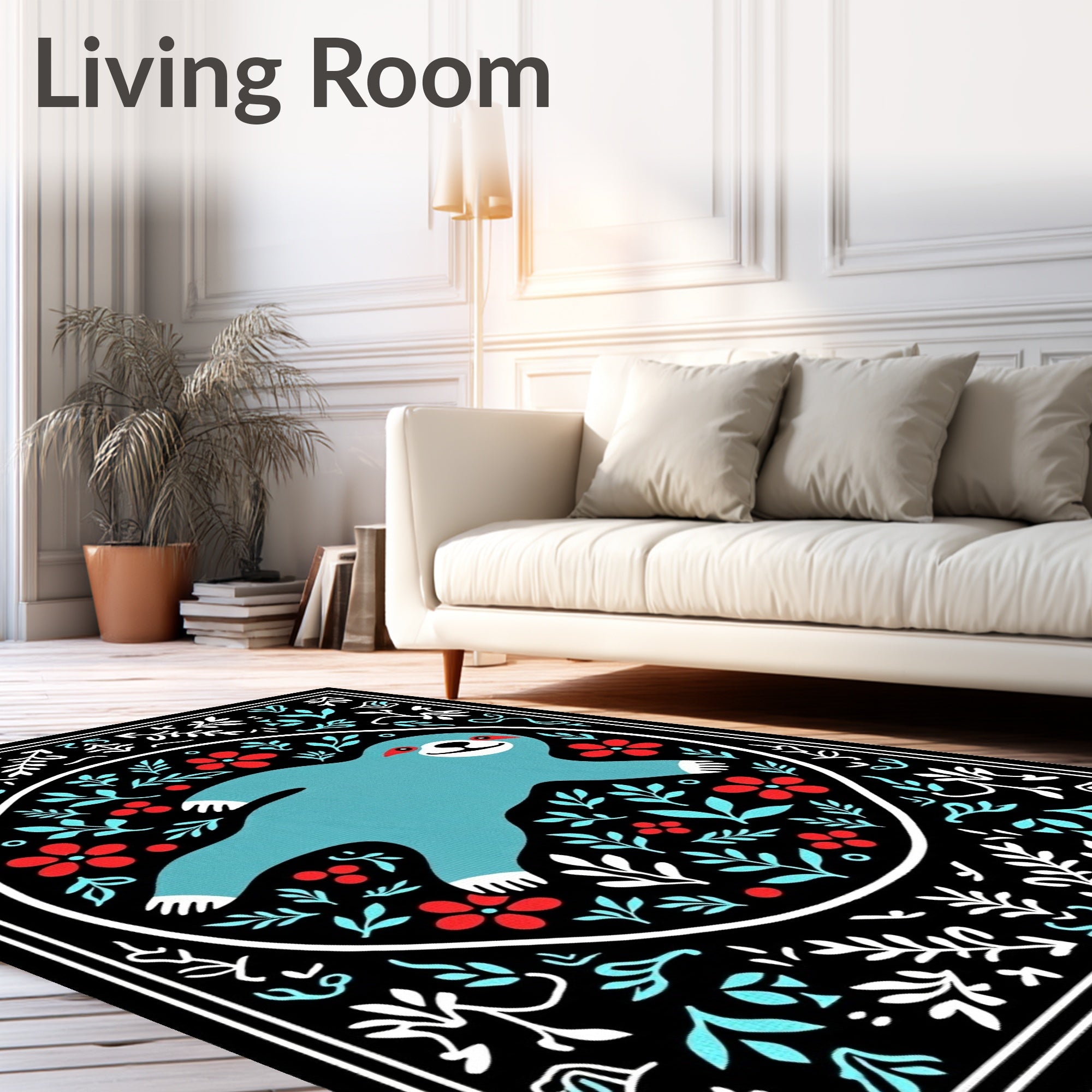 Whimsical Teal Sloth Floral Frame Rug