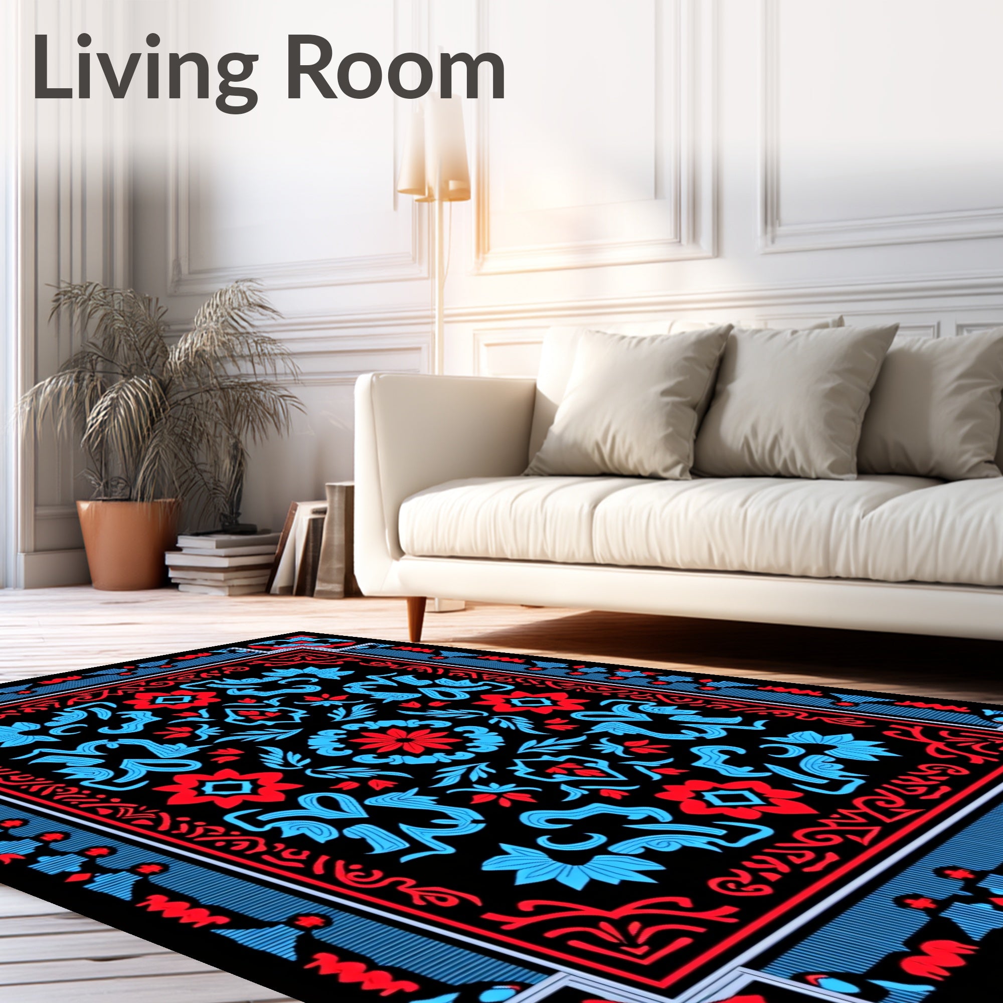 Bold Red Blue Floral Medallion Rug