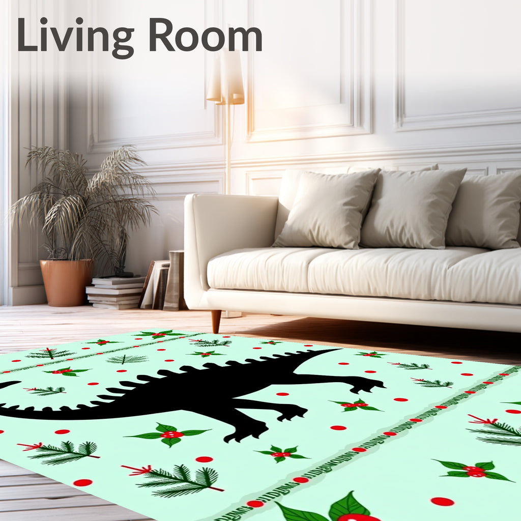 Black Dinosaur Holly Christmas Scene Rug