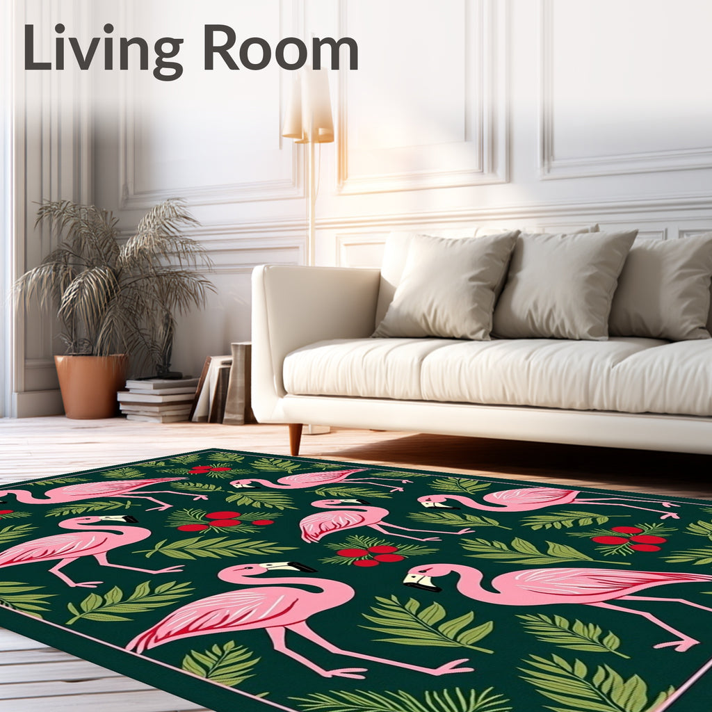 Pink Flamingos Green Tropical Foliage Rug