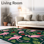 Pink Flamingos Green Tropical Foliage Rug