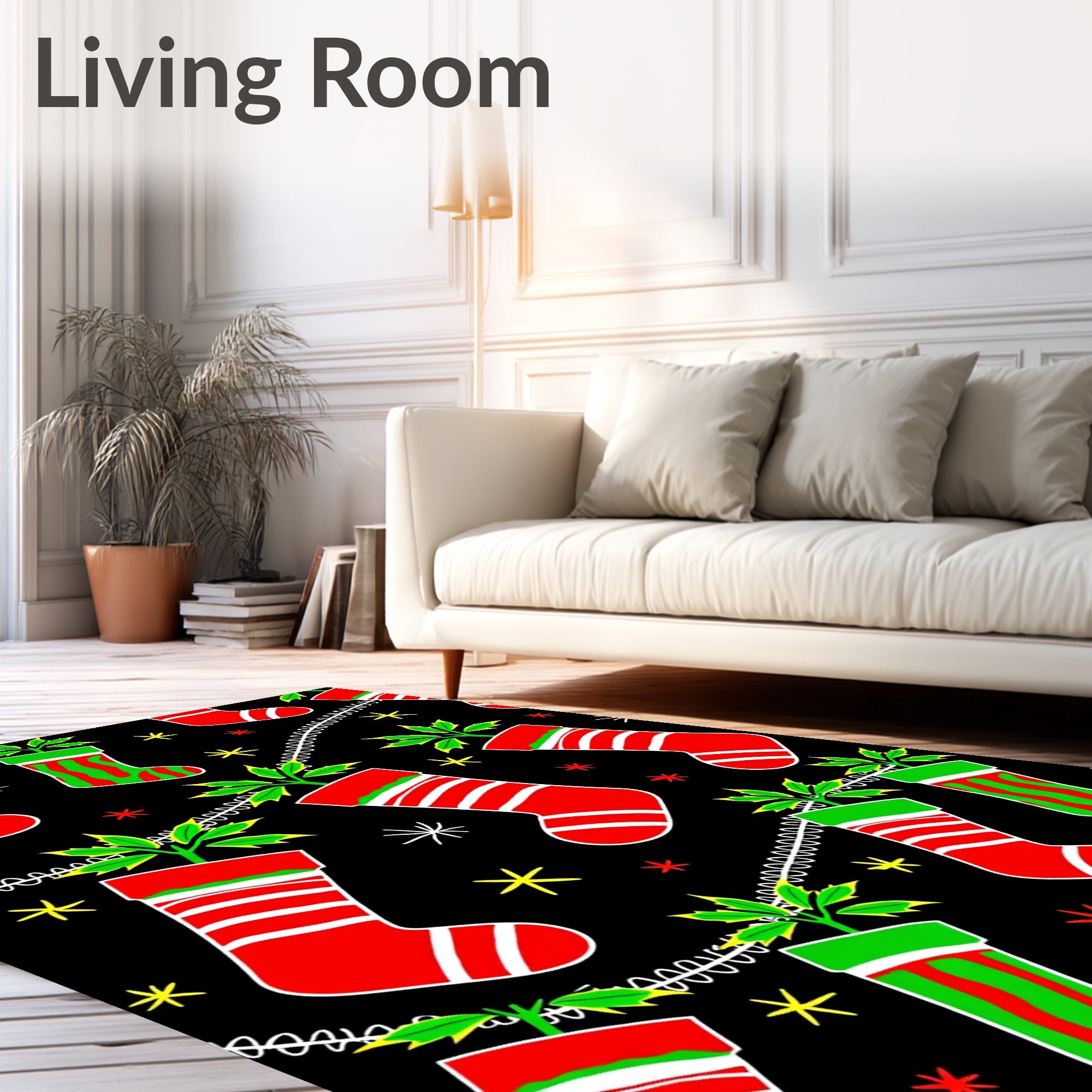 Red Green Striped Christmas Stockings with Holly Rug