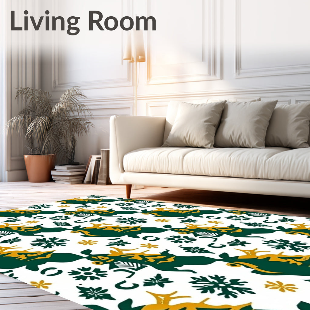 Green Yellow Reindeer Snowflakes Pattern Rug