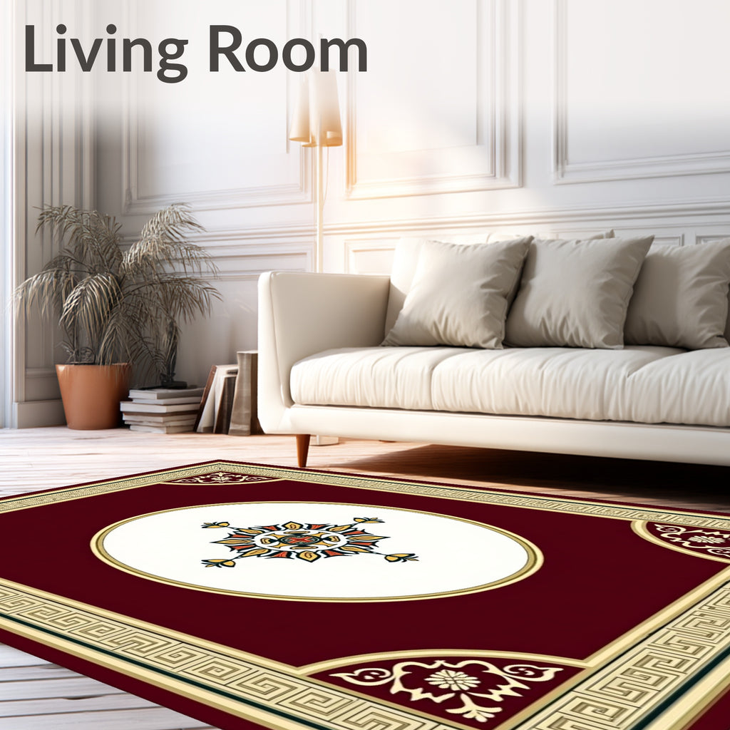 Crimson Bordered Floral Medallion Oval Rug