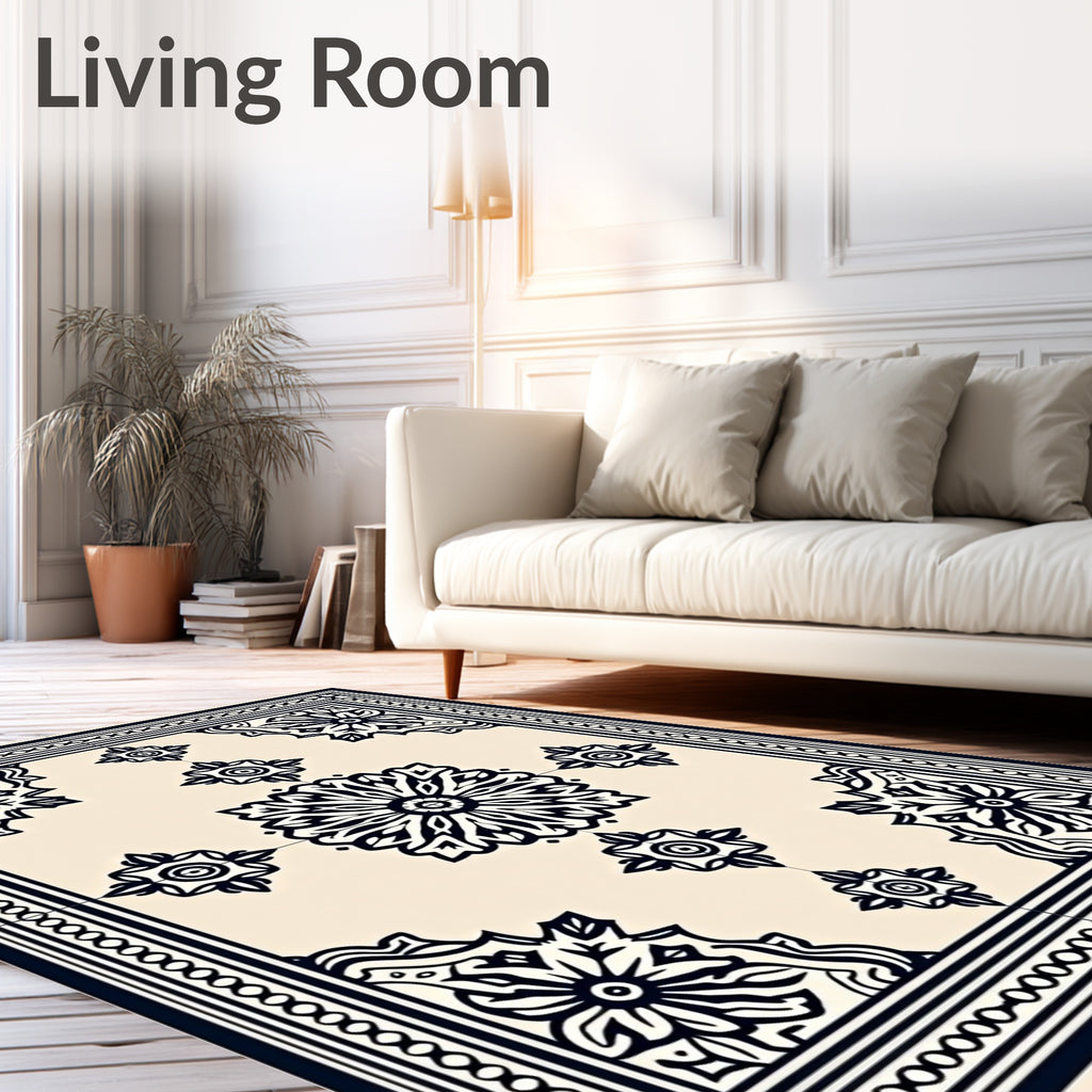 Black Floral Border Cream Centerpiece Rug
