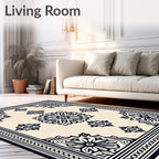 Black Floral Border Cream Centerpiece Rug