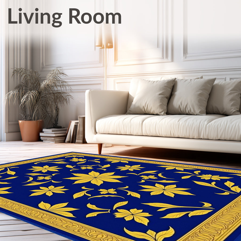 Regal Blue Gold Floral Leaf Border Rug