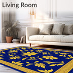 Regal Blue Gold Floral Leaf Border Rug