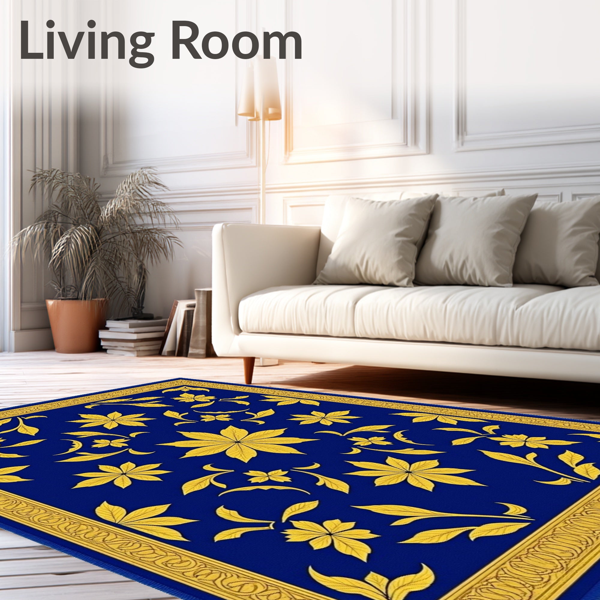 Regal Blue Gold Floral Leaf Border Rug