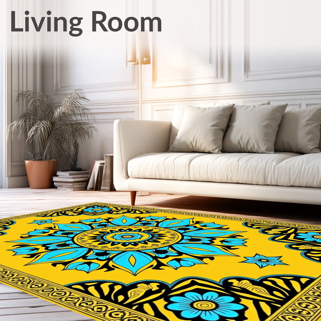 Vibrant Yellow Teal Medallion Floral Rug