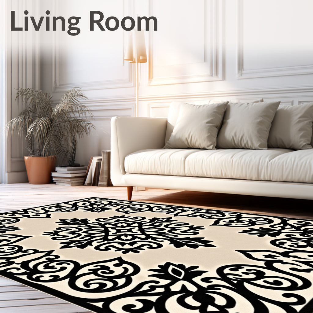 Black Ivory Baroque Scroll Medallion Rug