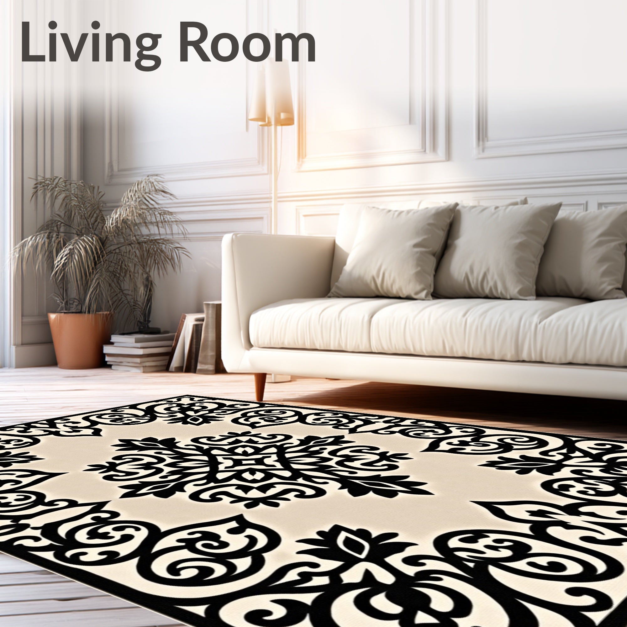Black Ivory Baroque Scroll Medallion Rug