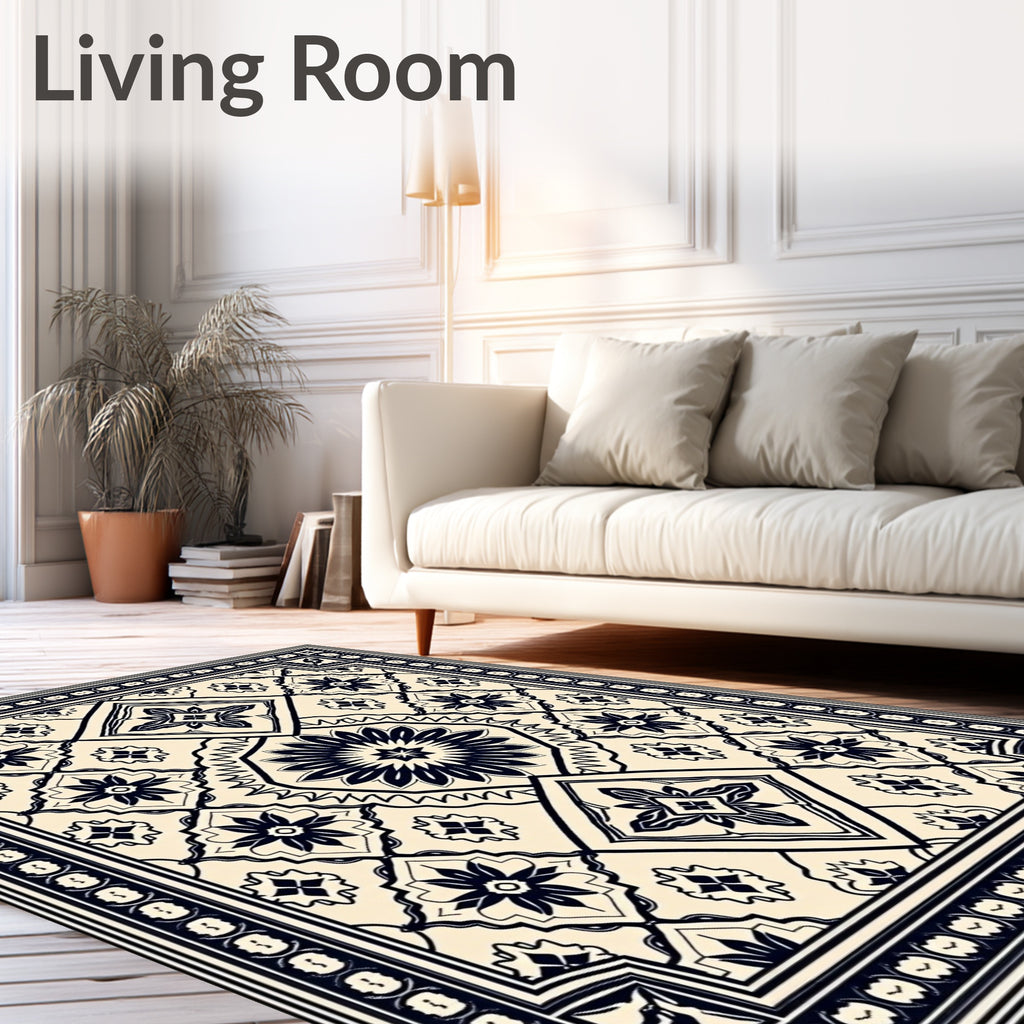 Cream and Navy Floral Medallion Rug